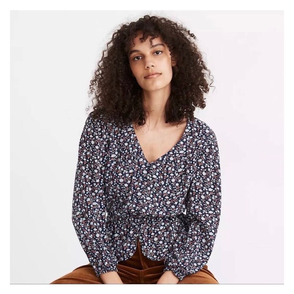 Madewell 100% Silk Floral Peplum V-Neck Button Top Size XS